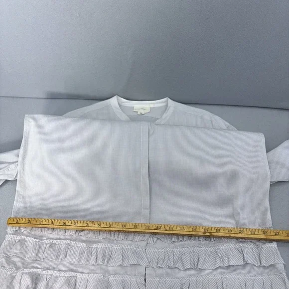 Pure DKNY Tunic Top Large Gray White Gingham Ruffle Hem Roll‎ Tab Sleeves Preppy - Picture 9 of 12